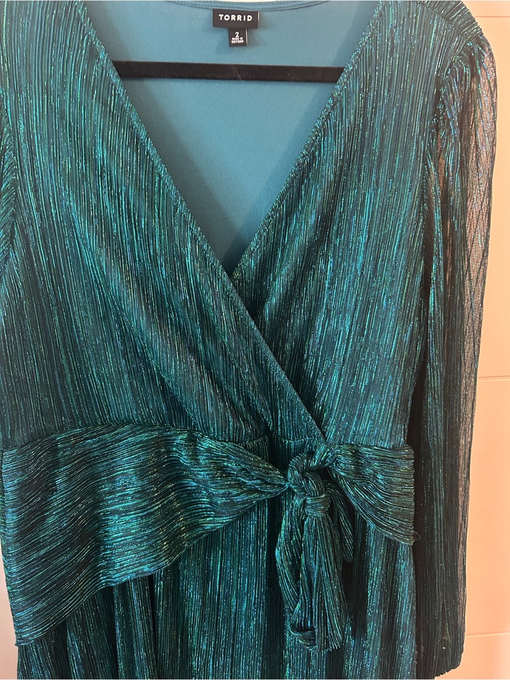 torrid Emerald Metallic Pleated Wrap Long Sleeve Dress